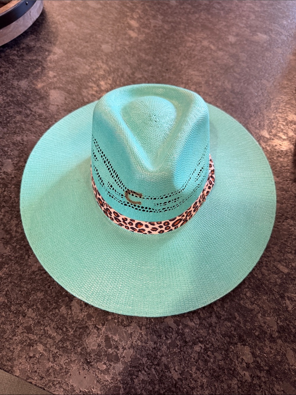 Turquoise Wide-Brim Straw Hat with Leopard-Print Band